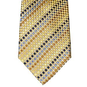 PEACOCK Tie Striped Square Geometric 100% Pure Silk Hand Made Gold Blue Mens